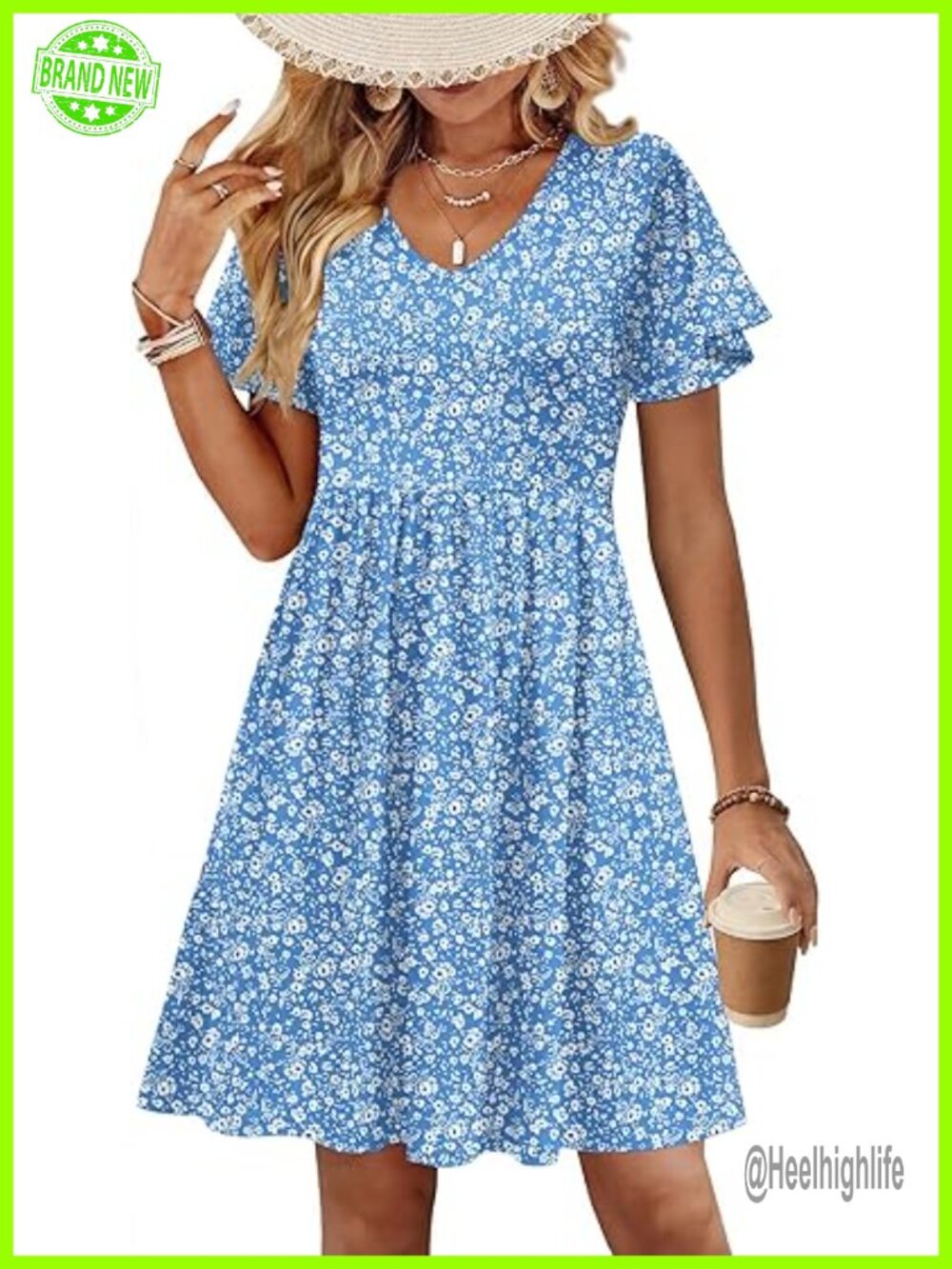 Womens Summer Swing Dress with Pockets Ruffle Short Sleeve A-Line Casual Knee - Picture 1 of 7